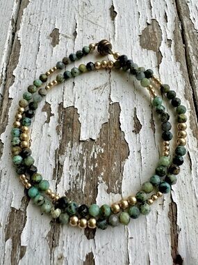 Double Wrap Semi Precious Faceted Turquoise & Gold Filled Beaded Wrap Bracelet